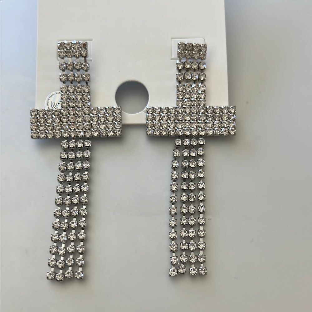Sparkling Fabulous Large Silver Cross Diamante Rhinestone Earrings w satin purse